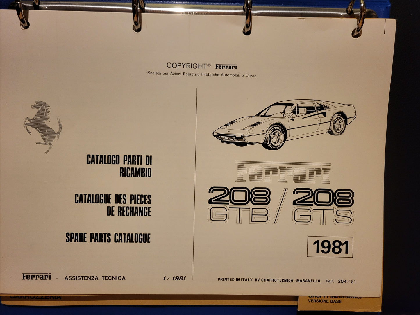 Ferrari 208 GTB GTS Spare Parts Catalog 1981 excellent condition