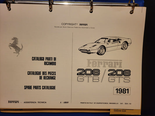 Catalogue de pièces de rechange Ferrari 308 GTB GTS 1980 en excellent état