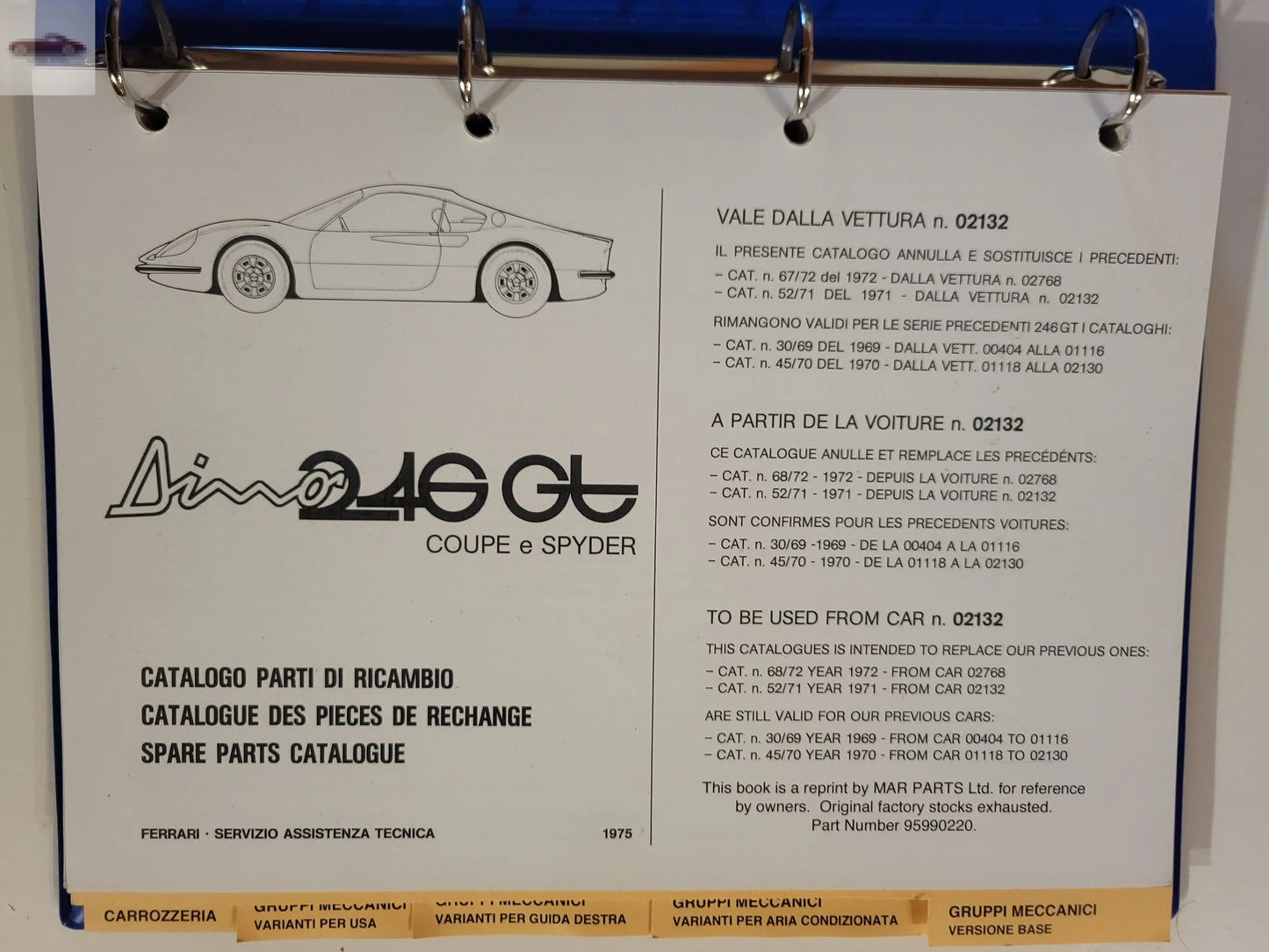 Ferrari Dino 246 GT Spare Parts Catalog 1975 excellent condition Ferrari