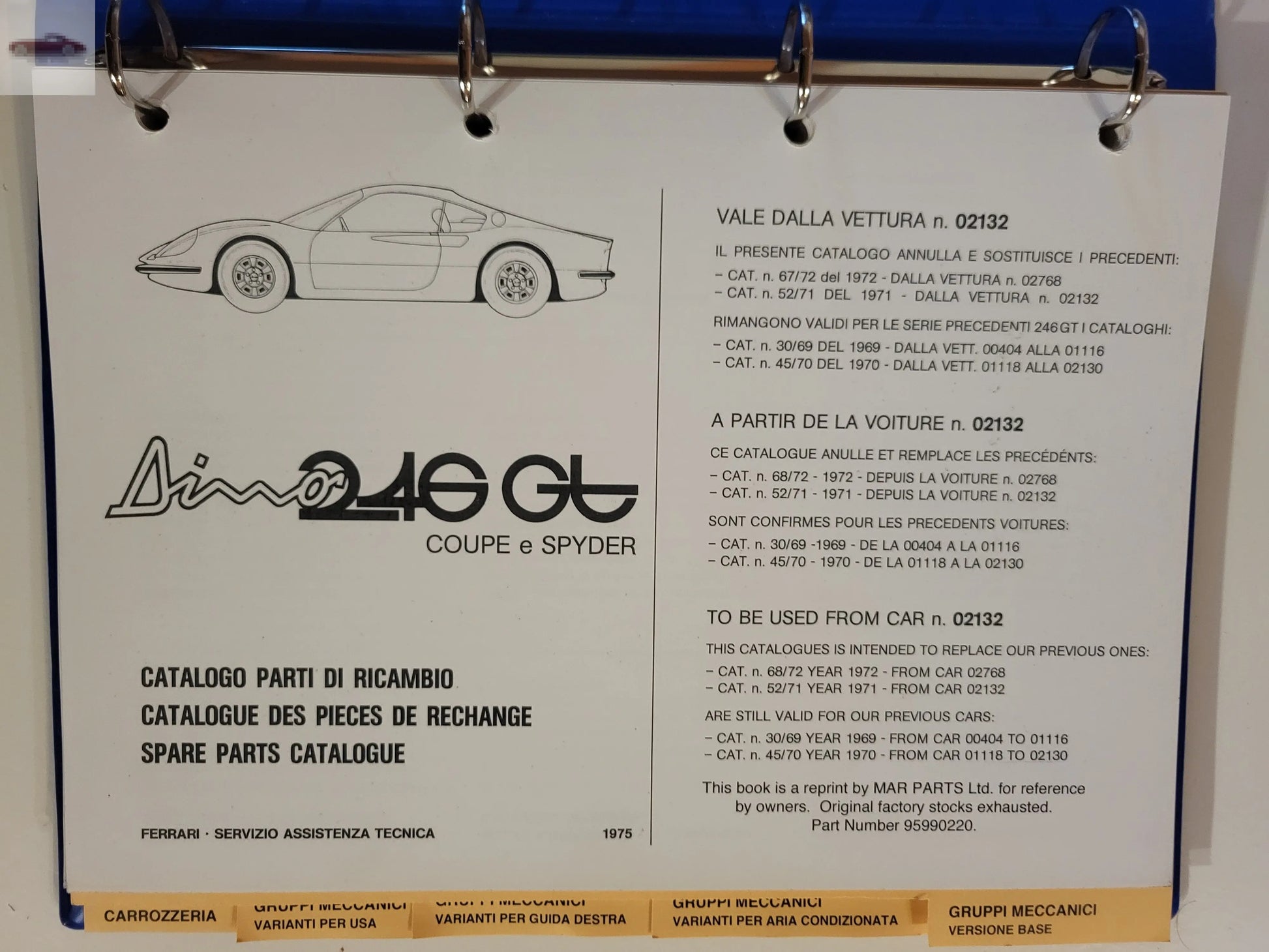 Ferrari Dino 246 GT Spare Parts Catalog 1975 excellent condition Ferrari