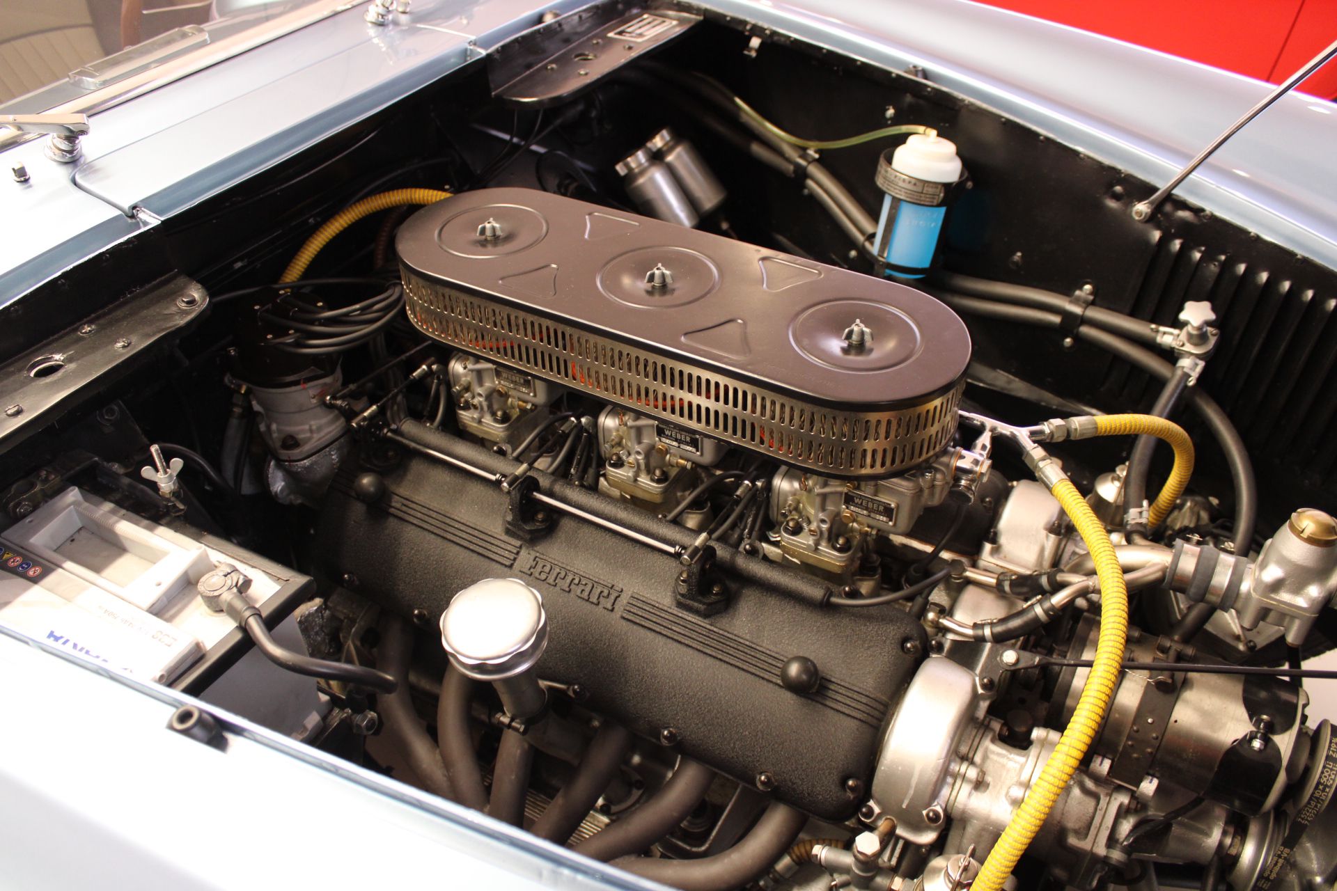 Engine bay of the 1956 Ferrari 250 GT Boano Alloy – 3.0L Colombo V12, restored to original specifications.