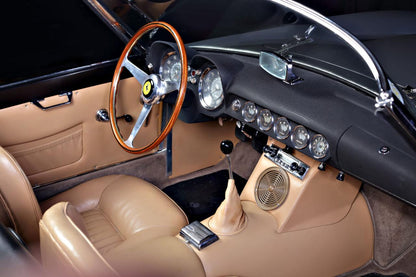 Interior of the 1959 Ferrari 250 California – Luxurious leather cockpit with vintage craftsmanship.