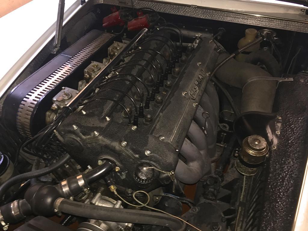 Engine bay of the 1961 Maserati 3500 – Well-preserved 3.5L inline-six engine.