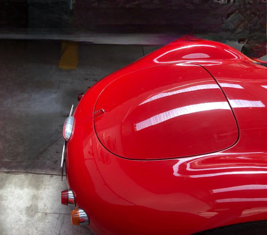 Rear view of the 1953 Maserati A6 GCS – Historic race car with sleek aerodynamics.