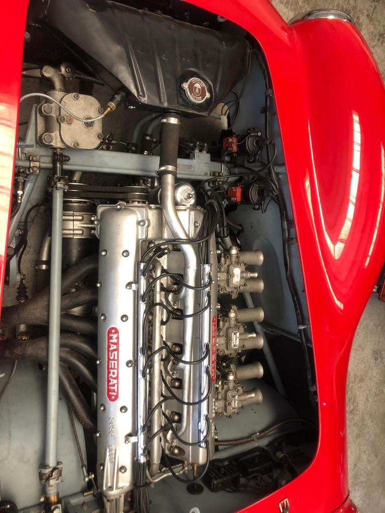 Engine bay of the 1953 Maserati A6 GCS – Certified Maserati racing engine, meticulously restored.