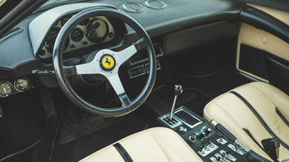 Interior of the 1976 Ferrari 308 GTB Drysump – Classic cockpit with original matching-number details.